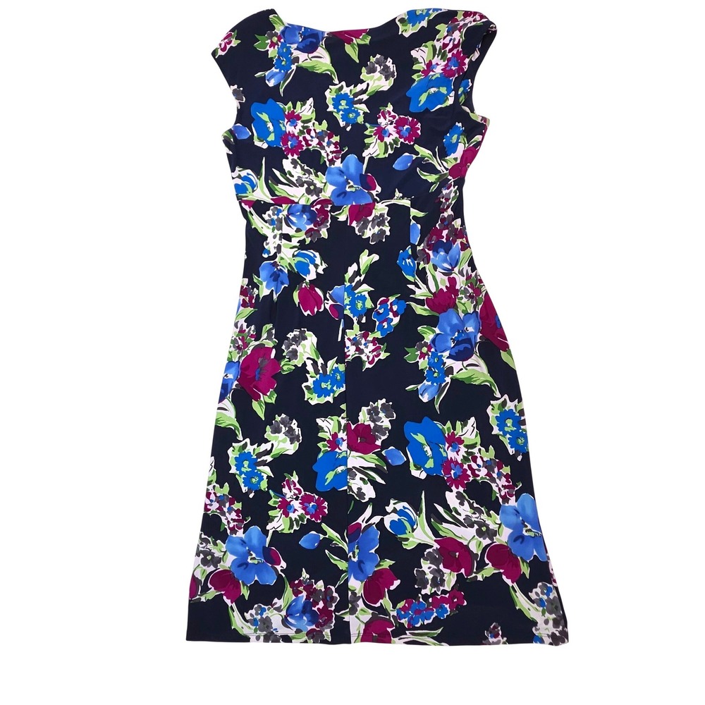 Lauren Ralph Lauren Navy Blue Floral Ruched V-Neck Sheath Dress Womens 10 - Picture 9 of 9